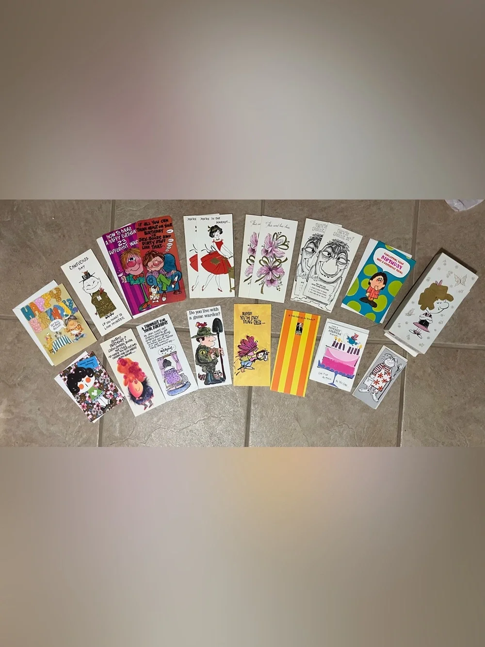 Lot of 19 1980s Unused Vintage Humorous Birthday Cards Envelopes & Storage Box